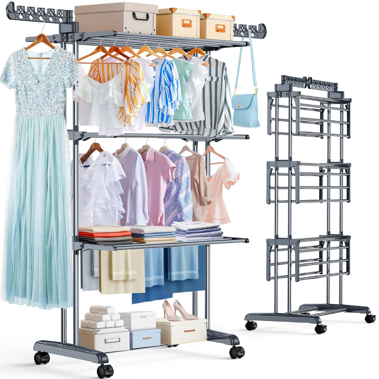 PurKeep Thicken & Durable Clothes Airer, Extra Large 4-Tier Capacity Foldable Clothes Drying Rack with Wheels, Stainless Steel Clothes Horse for Indoor/Outdoor Use in Bedroom, Laundry Room