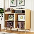 DIYART 3 Tier Large Record Player Stand with Power Outlet, Vinyl Record Storage Table holds Up to 500 Albums, Mid-Century Turntable Stand, Oak