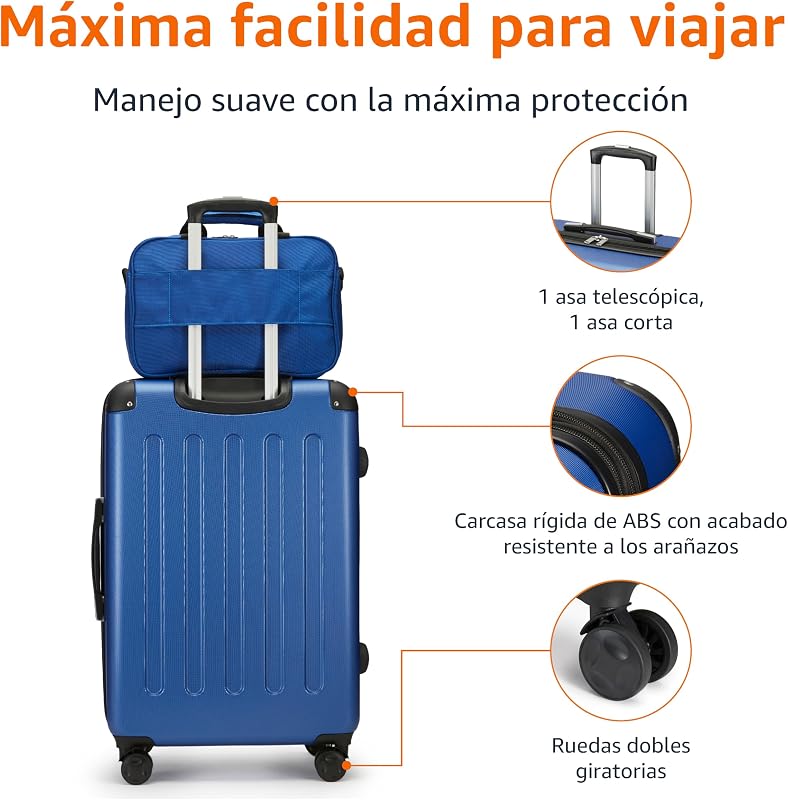Equipaje de Mano rígido con Ruedas, Juego de 4 Unidad, Maleta Grande, Bolsa de Mano y Viaje compacta, Ampliable, 4 Ruedas giratorias, Azul Marino