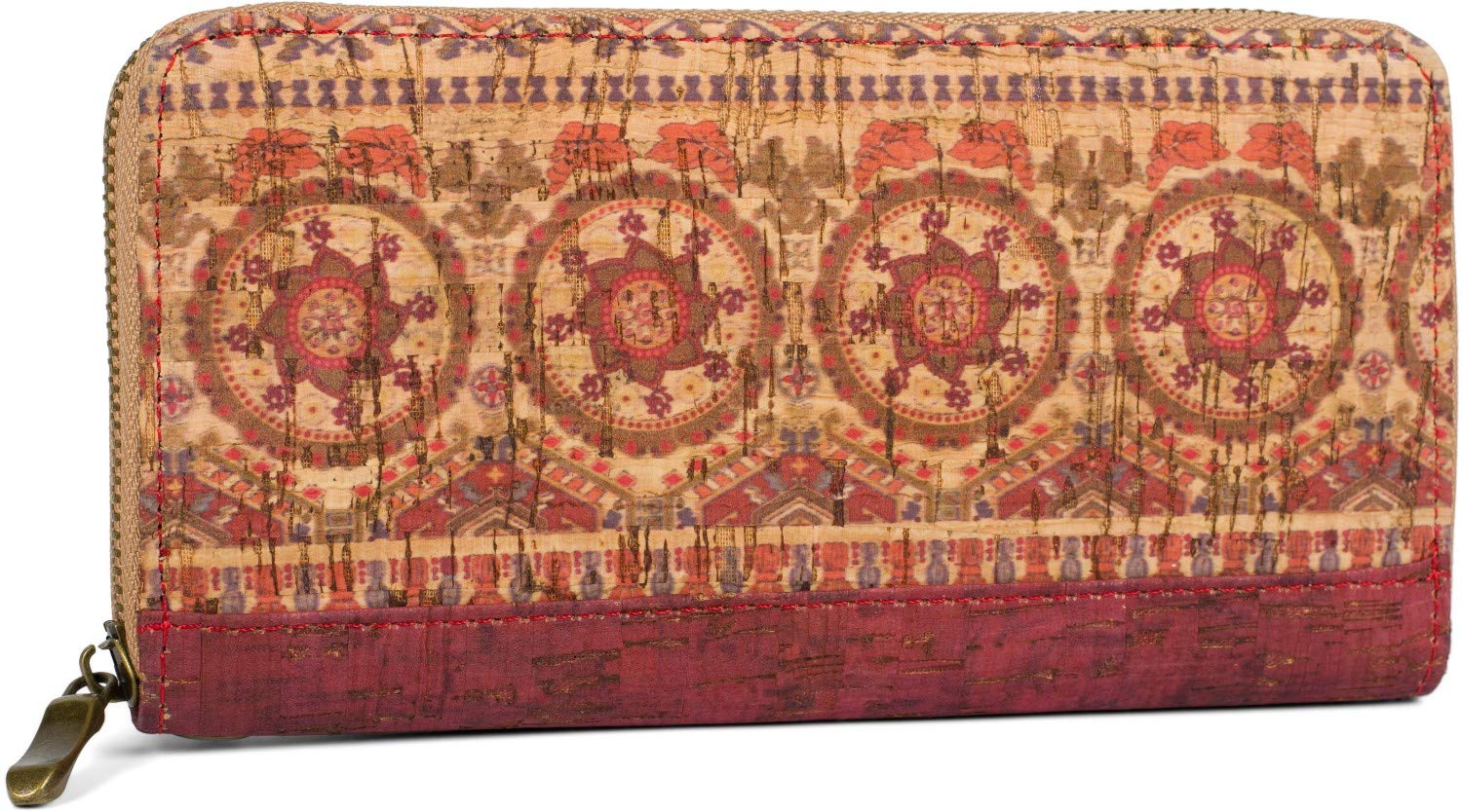 styleBREAKER Women's Cork Wallet with Colourful Pattern Print in Ethnic Look, Zipper, Wallet 02040138, Colour:Burgundy-Red-Beige