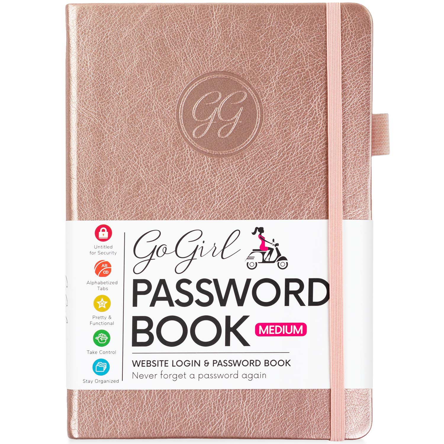 GoGirl Password Book with Alphabetical tabs – Internet Address & Password Keeper Logbook for Password Organization, Journal Notebook for Saving Website Logins. Medium Size 13.5 x 19cm - Rose Gold