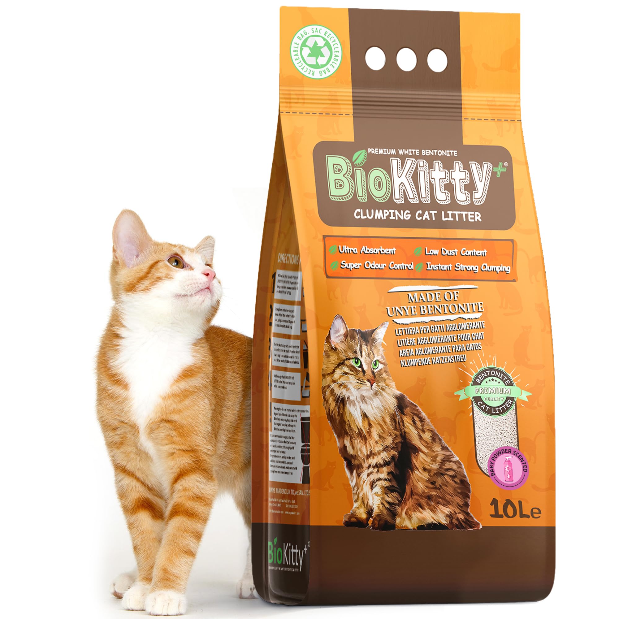 BioKitty Clumping Cat Litter, 10L Highly Absorbent Natural Bentonite Minerals, Dust Free Long Lasting Odour Control, Maximum Hygiene with Strong Litter Clumping (Baby Powder, Pack of 1)