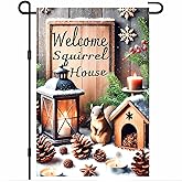 BlissYard Christmas Garden Flag 12x18 Inch Squirrel Lantern Winter Banner Double Sided Snow Pinecone Cabin Yard Decoration for Porch Lawn Holiday Welcome Scene