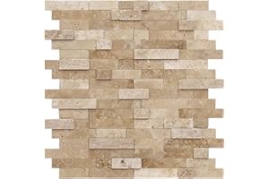 SUNWINGS Peel and Stick Mosaic Natural 3D Stone Self Adhesive Tiles, 12" x 11" 5-Sheet Stick on Backsplash for Kitchen Bathroom Fireplace Vanity, Beige
