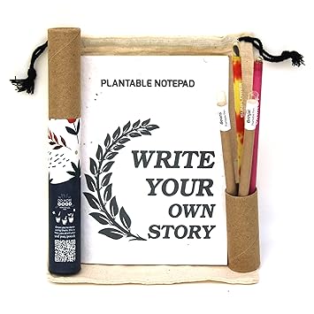 bioQ Plantable Stationery Combo| 2 Seed Pen + 2 Seed Pencil in a Box + 1 Hand-Made Seed-Paper Notepad | Eco Friendly Cotton Bag Packaging | Grow Plants from Notepads Pens & Pencils (Pack of 1)