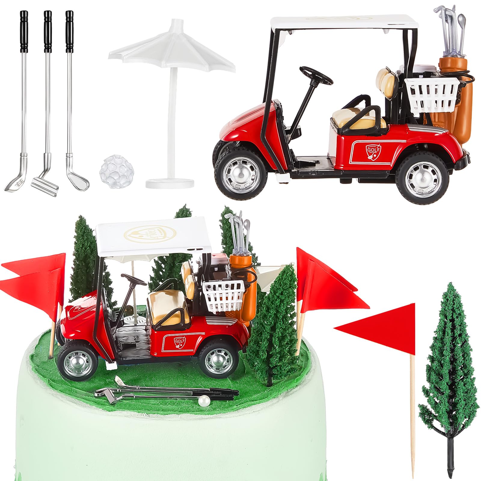 Photo 1 of Leitee 21 Pcs Golf Cake Topper Cake Decoration Cupcake Topper Include Mini Cart Red Flag Ball Green Tree Club Sun Umbrella for Golf Themed Birthday(Red,Classic)