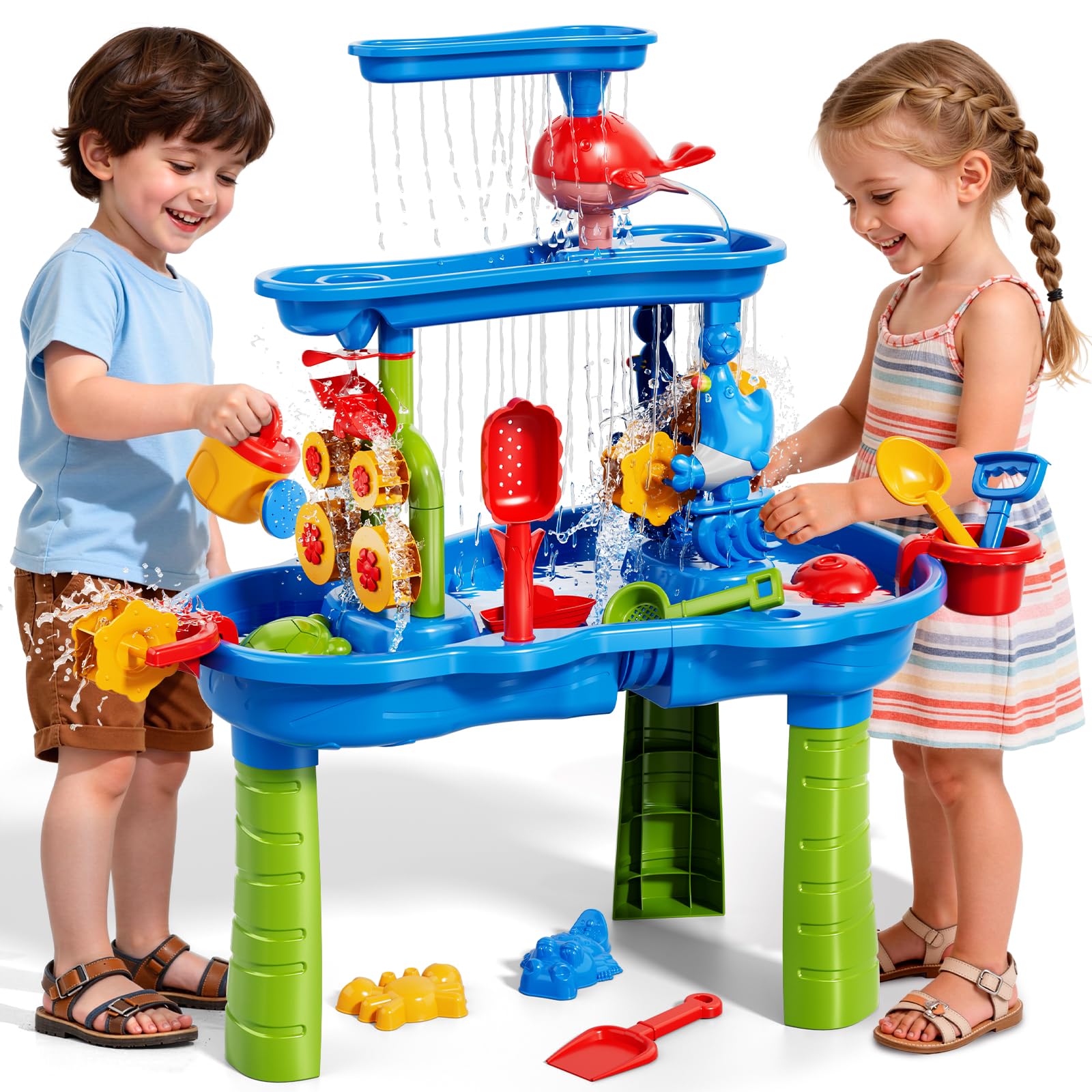 KukuFun Sand and Water Table for Toddlers, 3-Tier Water Tables with Beach Fun Sand Toy for Kids Ages 4-8, Summer Outdoor Toys Water Playset for Toddler Boys Girls Ages 2 3 4 5 6 7 8