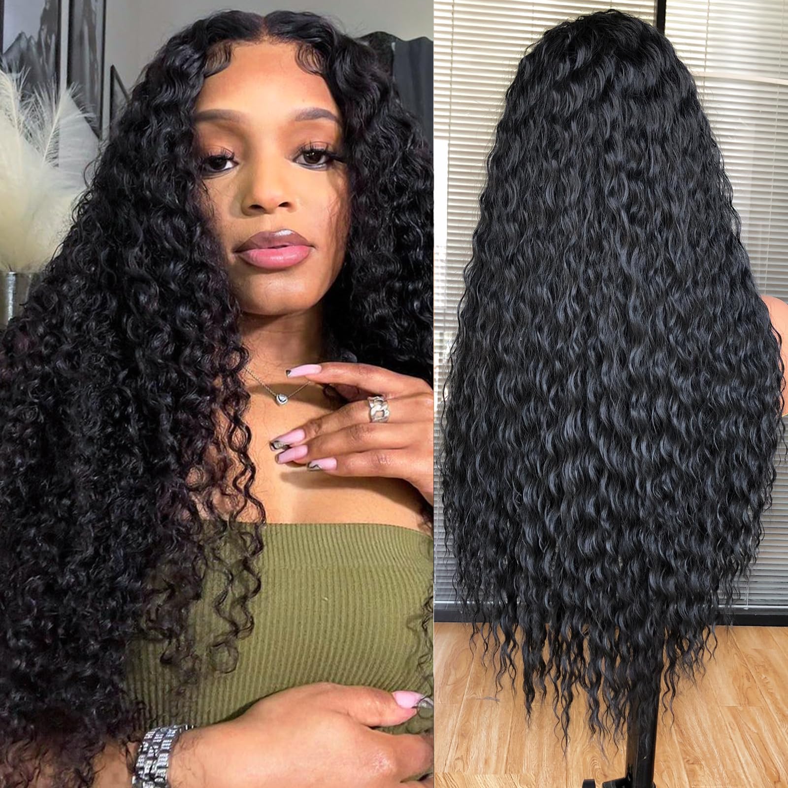 CoCrowns Long Curly Lace Front Wig for Black Women, Pre Plucked With Baby Hair,13×4×1 HD Glueless Lace Curly Wigs,Pre Plucked With Baby Hair,Afro Kinky Curly Synthetic Wigs 26Inch (Black)