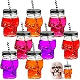 8 Pcs Halloween Skull Mason Jar Clear Glass Tumbler, 16 Oz Halloween Drinking Glasses with Lid, Clear Glass Cups with Skull, Skull Mason Cup with Straw, Mason Jar Cup for Halloween, Theme parties (8)