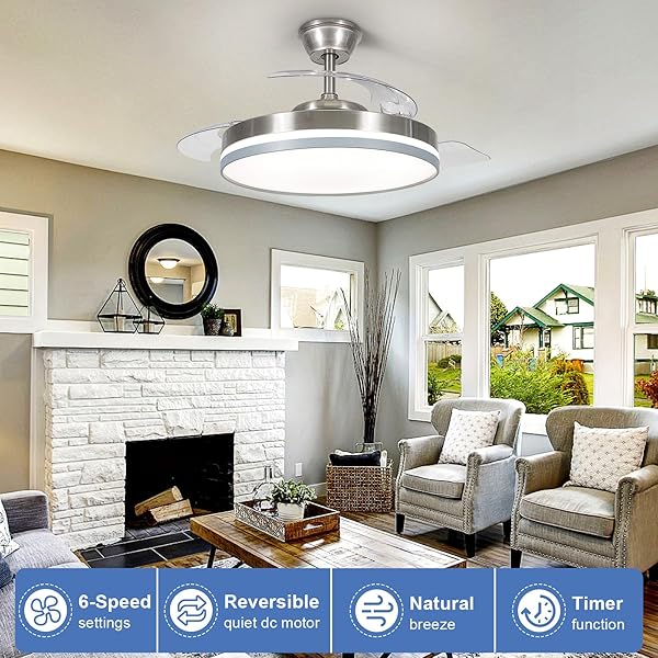 DEPULEY 42″ RETRACTABLE CEILING FAN: MODERN SILENT SMART SLIM CEILING FANS WITH LIGHTS AND REMOTE/APP CONTROL – 6 SPEEDS DIMMABLE REVERSIBLE MEMORY LED FANDELIER FOR BEDROOM LIVING ROOM NICKEL+ GREY