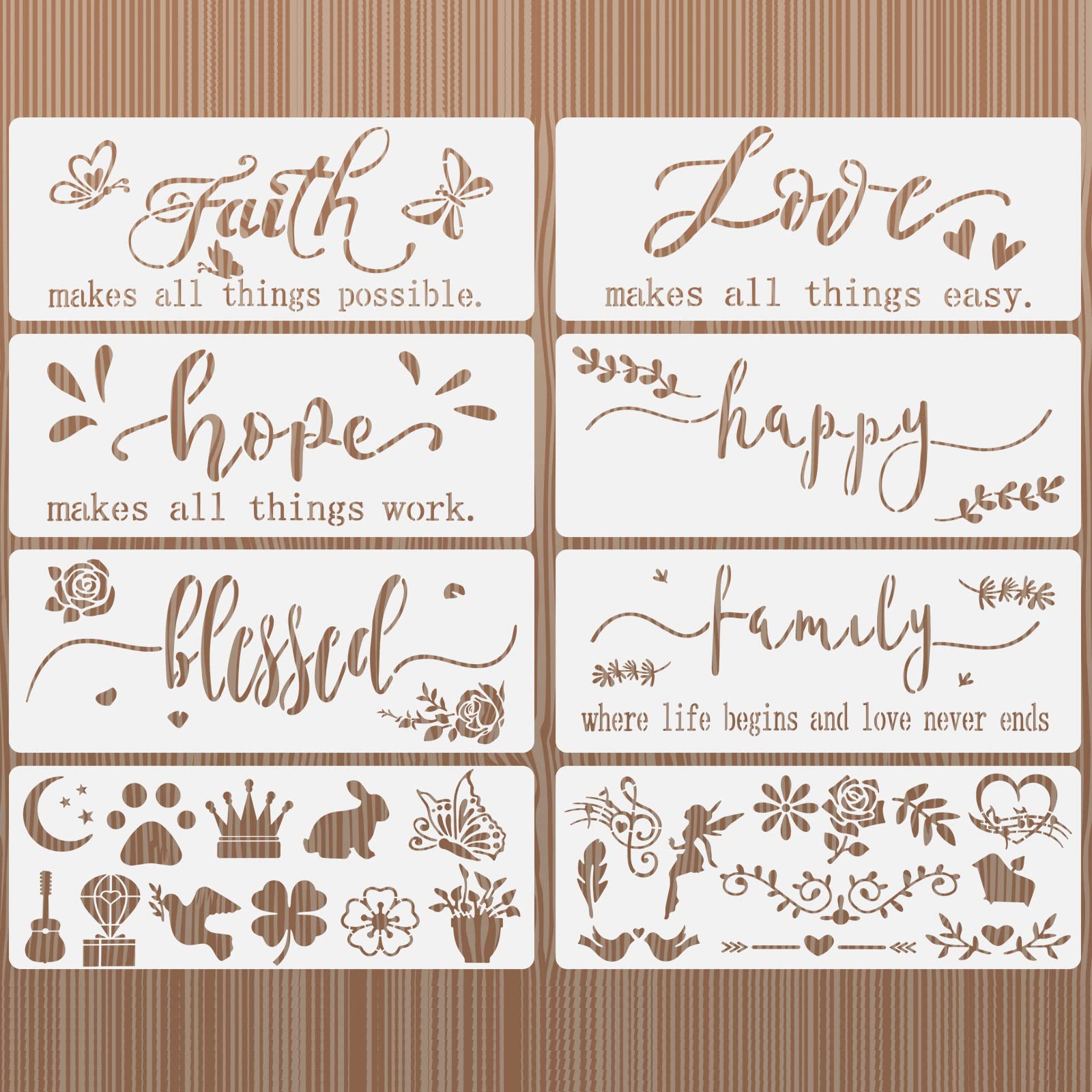 OOTSR 8Pcs Plastic Stencils for Painting, Stencil for Crafts Reusable Inspirational Word Drawing Painting Stencils, DIY Painting Template Stencils for Painting on Wood Sign, Wall Decor