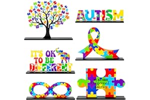 CPicdn 6Pcs Autism Awareness Wood Tiered Tray Centerpieces, April Puzzle Pieces Letter Wood Sign Table Topper Decoration, World Autism Awareness Day Inspirational Desk Shelf Decor School Supplies