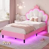 ADORNEVE Princess Bed Twin Size with Adjustable Chic Double Shell Headboard | Twin Bed Frame，LED Lights, Velvet Upholstered Platform Bed with Princess Crown,Solid Wood Slats Support, Pink