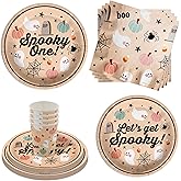 Spooky One 1st Birthday Party Supplies - 64 Piece Halloween First Birthday Tableware Set Includes Large 9" Dinner Plates and 8" Dessert Paper Plates Napkins Cups - Kit for 16