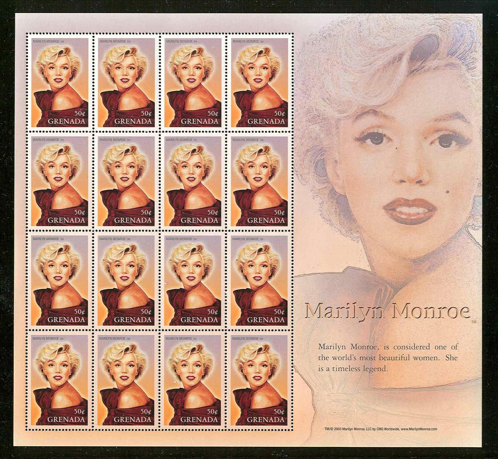 Grenada Marilyn Monroe Sheet of 16 Rare Collectible Postage Stamps 3443