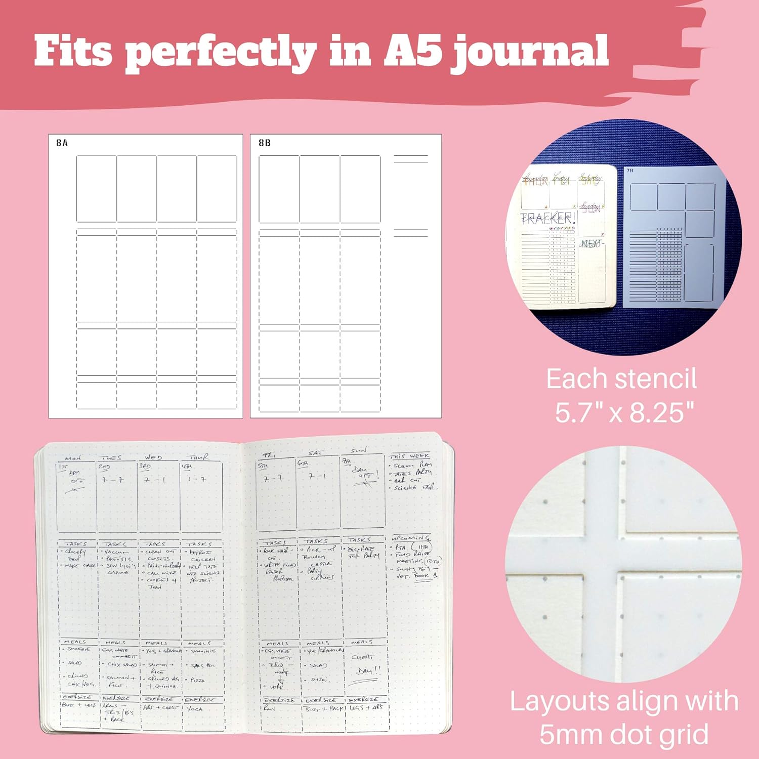 Speedy Spreads Journal Stencils (Weekly Layouts #3) - x6 Stencils for A5 Bullet Dot Grid Journal Notebook, Save Time on Full-Page Layouts, DIY Planner Templates for Productivity by Sunny Streak : Kitchen & Dining