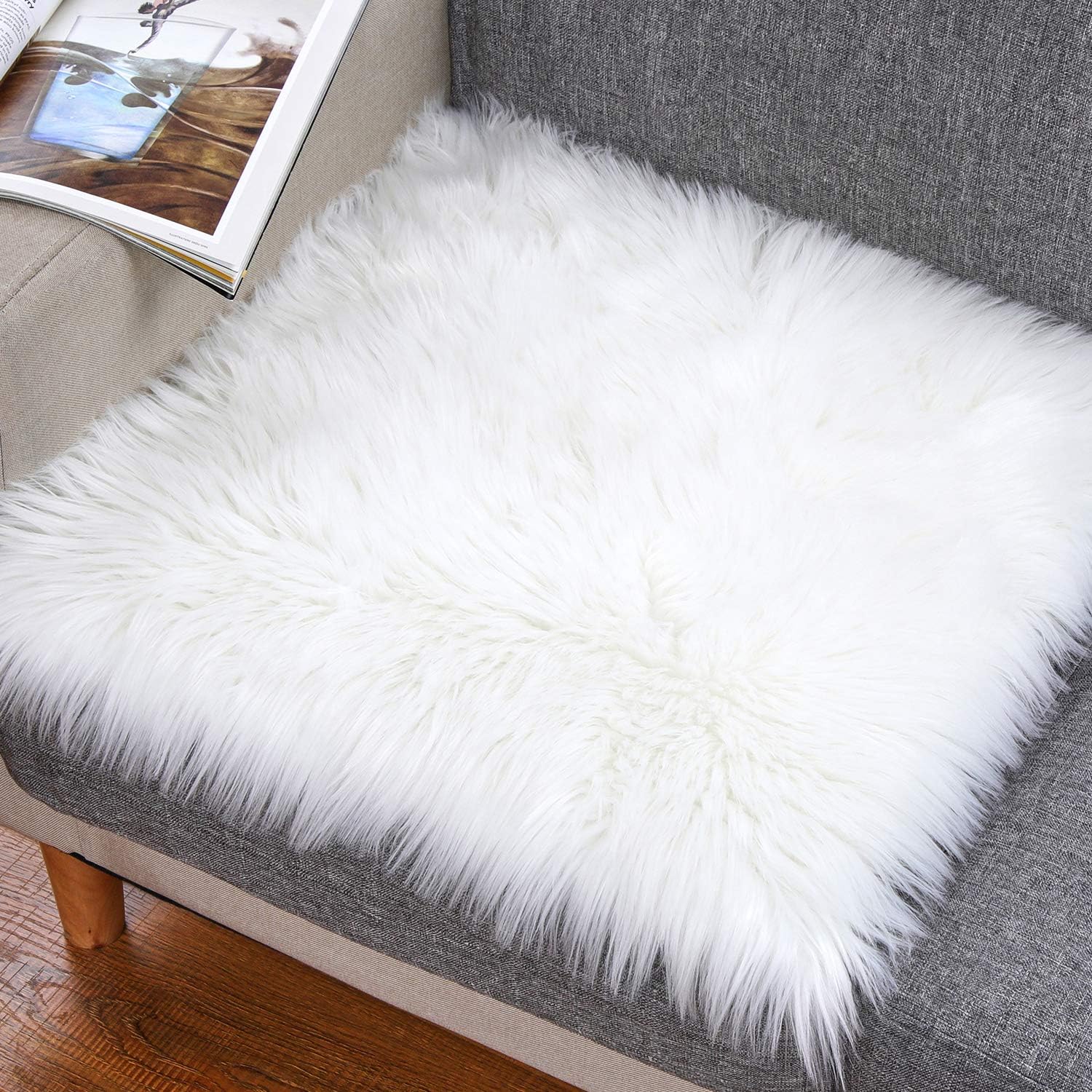 Noahas Faux Fur Sheepskin Silky Seat Cushion Home Decor Long Wool Area Rugs Carpet Soft Fluffy Plush Chair Seat Pads Universal Fit for Home Office Restaurant Chair, 1.6ft x 1.6ft, White: Home & Kitchen