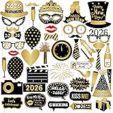 Lucleag 46Pcs New Year 2026 Photo Booth Props, Happy New Year Photo Props Decorations Photo Accessories for Adults Kids, Black Gold New Years Photo Props for Pictures 2026 New Years Eve Party Supplies