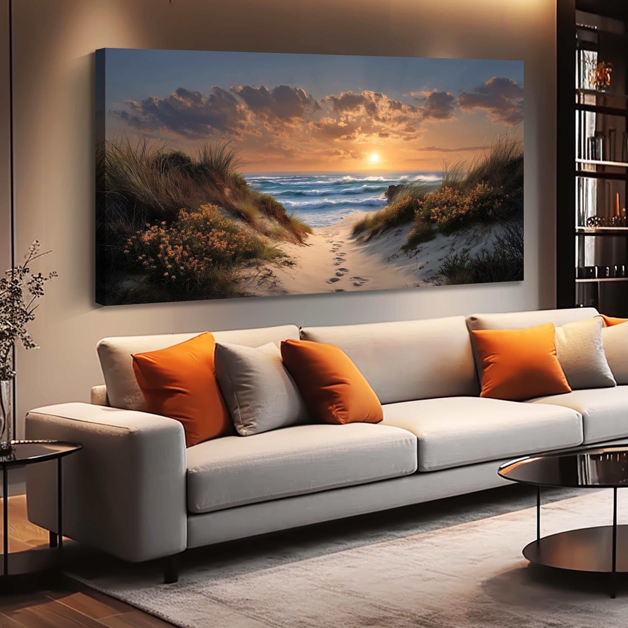 View 1 of ********BROKEN****** Ouzzlie Brown Wall Art Sunset Wall Decor Landscape Picture Art Print Seascape Canvas Large Coastal Blue Ocean Artwork for Living Room Bedroom Office 29" x 59"