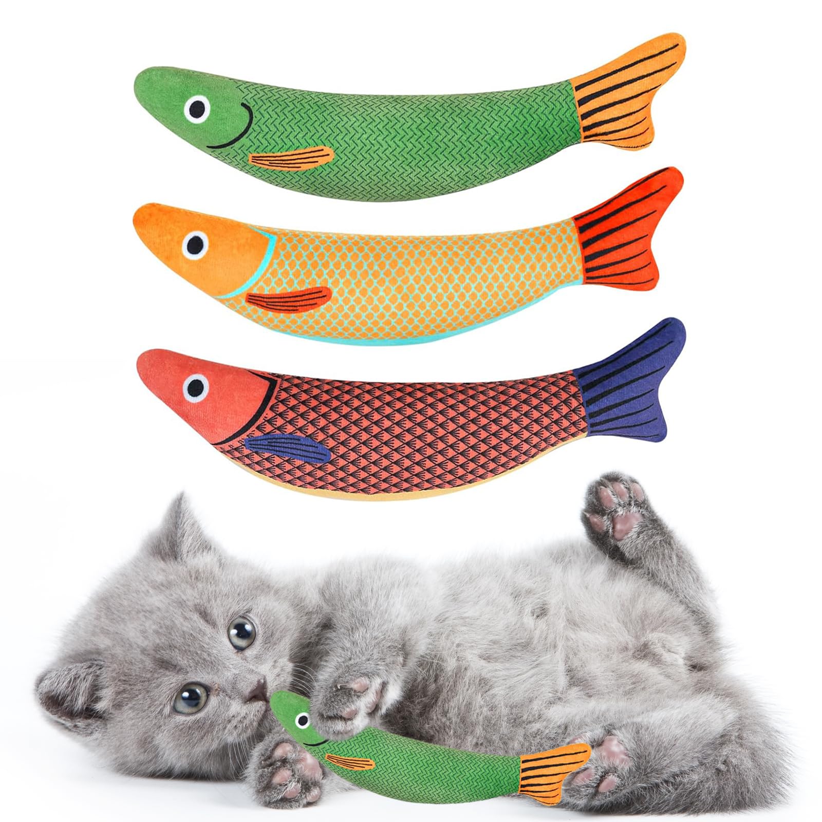 jiuhao Catnip Fish Toys for Cats,3 Pack Catnip Toy Interactive Plush for Indoor Cats Toys with Bell - Scratch Chewing Teeth Grinding Pillow Cleaning Kick Bite Resistant for Kitten Toy