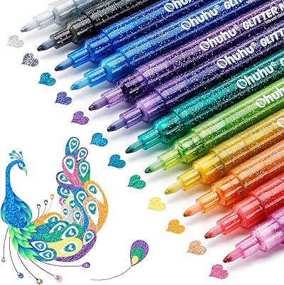 Glitzerstifte 12 Farben, Ohuhu 0,7mm Wasserbasis Glitzer Filzstifte für Mädchen Glitzer Basteln Karten basteln Album Scrapbooking Steine Keramik Glas Tassen Holz Zeichnung Färbung