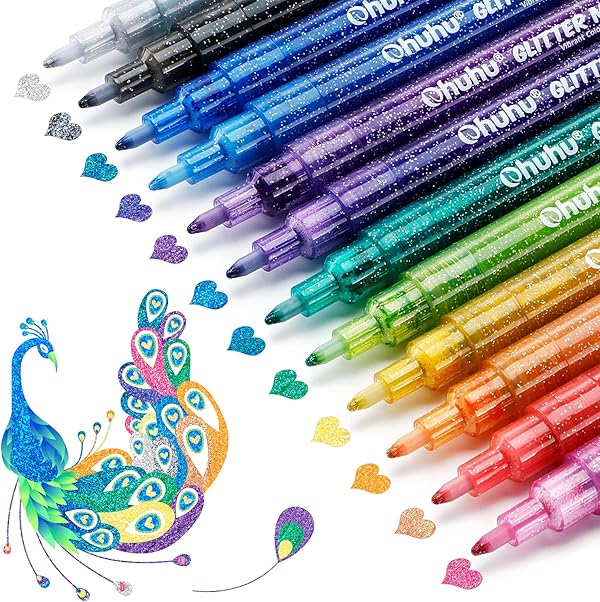 Glitzerstifte 12 Farben, Ohuhu 0,7mm Wasserbasis Glitzer Filzstifte für Mädchen Glitzer Basteln Karten basteln Album Scrapbooking Steine Keramik Glas Tassen Holz Zeichnung Färbung