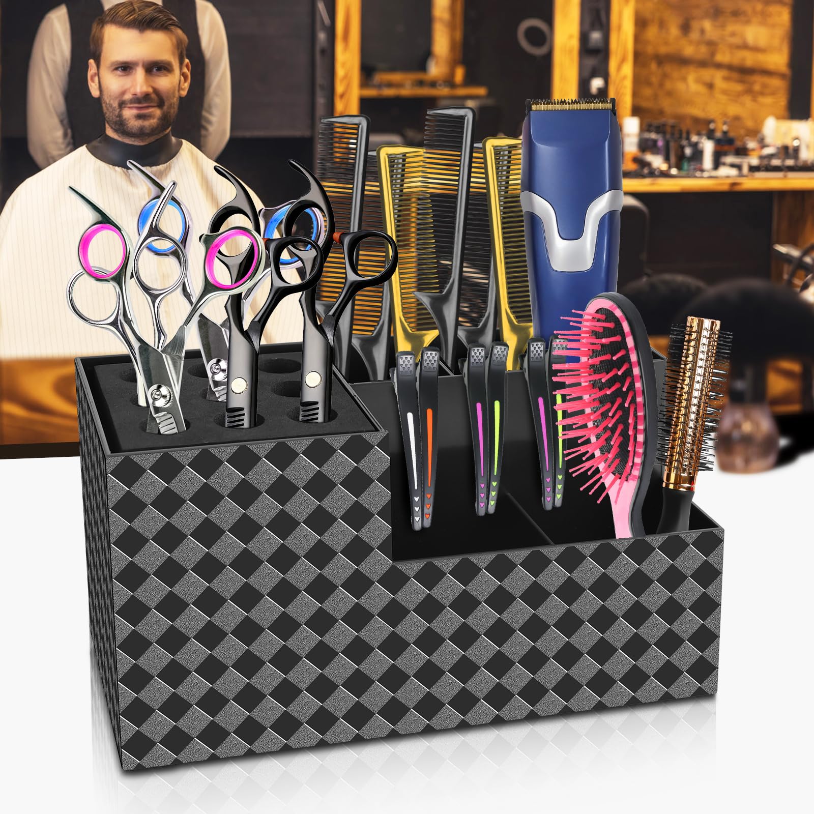 NICEMOVIC Barber Scissors Holder Box, Barber Accessories Barber Supplies, Professional Salon Hairdressing Scissors Rack Holder Storage Organizer for Hairstyling Combs Clips Brushes