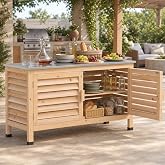 Goplus Patio Storage Cabinet, 2-Door Console Table (Natural) | Fir Wood Sideboard with Stainless Steel Countertop, L-Shaped Shelf, for Deck, Garden, Backyard &amp; Entryway