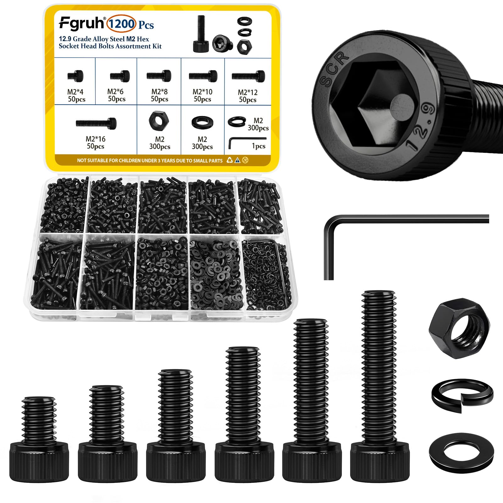Photo 1 of Fgruh 1200PCS M2 Screws with Nuts Assortment Kit, M2*4/6/8/10/12/16 mm, Hex Socket Head Cap Bolts, Nuts & Washers Assorted Set, 12.9 Grade Black Zinc Plated for 3D Printer,DIY