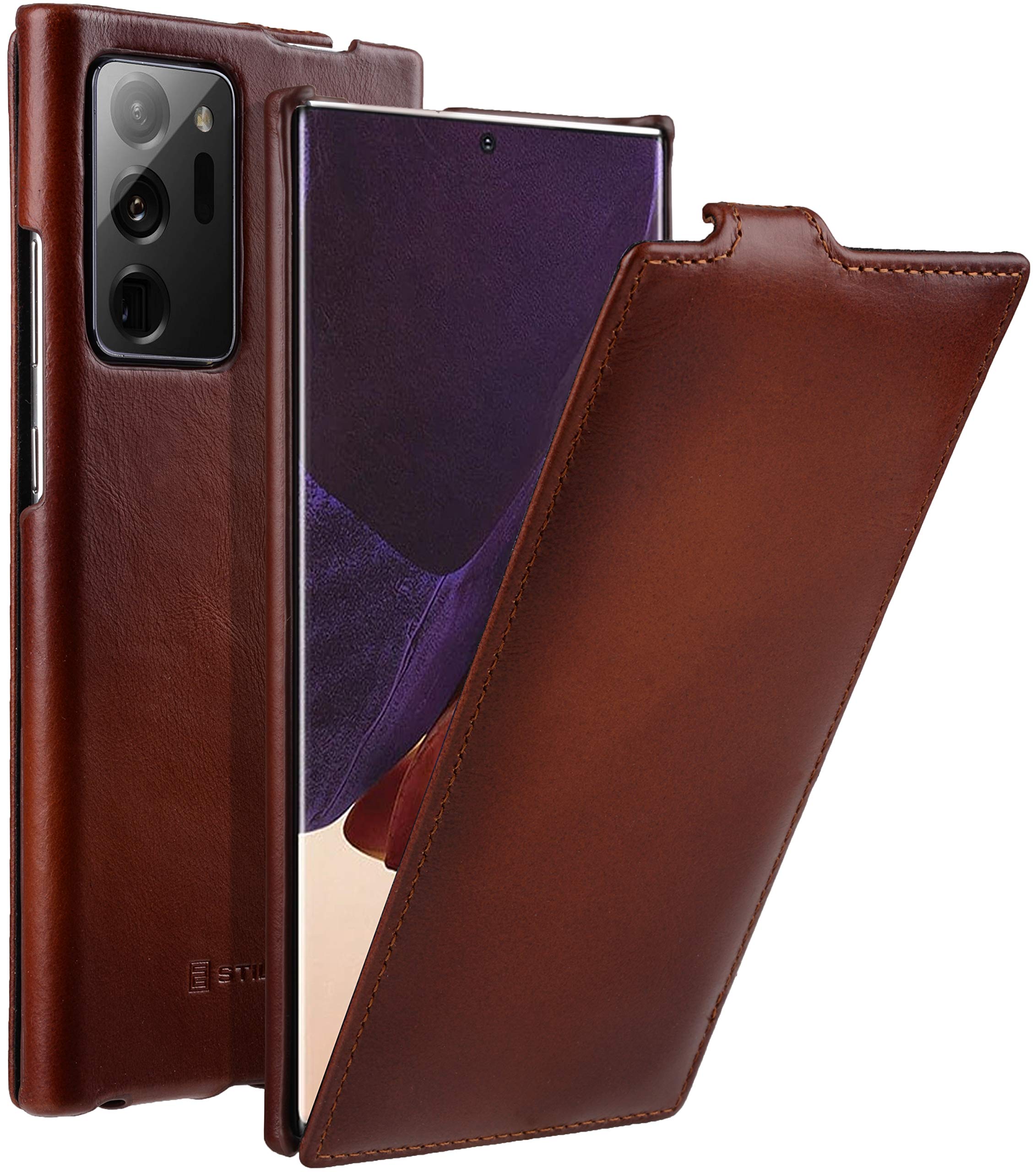 StilGut Slim Vertical Flip Case for Samsung Galaxy Note 20 Ultra, Genuine Leather Samsung Galaxy Note 20 Ultra Case, Cognac Antique