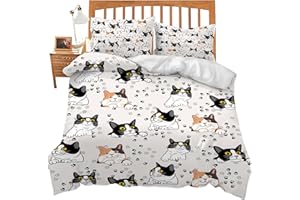 MECOWCM Cute Cat Bedding Set - Full Size Funny Cat Comforter Cover Set for Teen Boys - Super Soft Construction - Duvet Cover Set with 2 Pillowcase