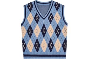 Verdusa Boy's V Neck Argyle Print Knitted Vintage Sweater Vest Casual Sleeveless Pullovers