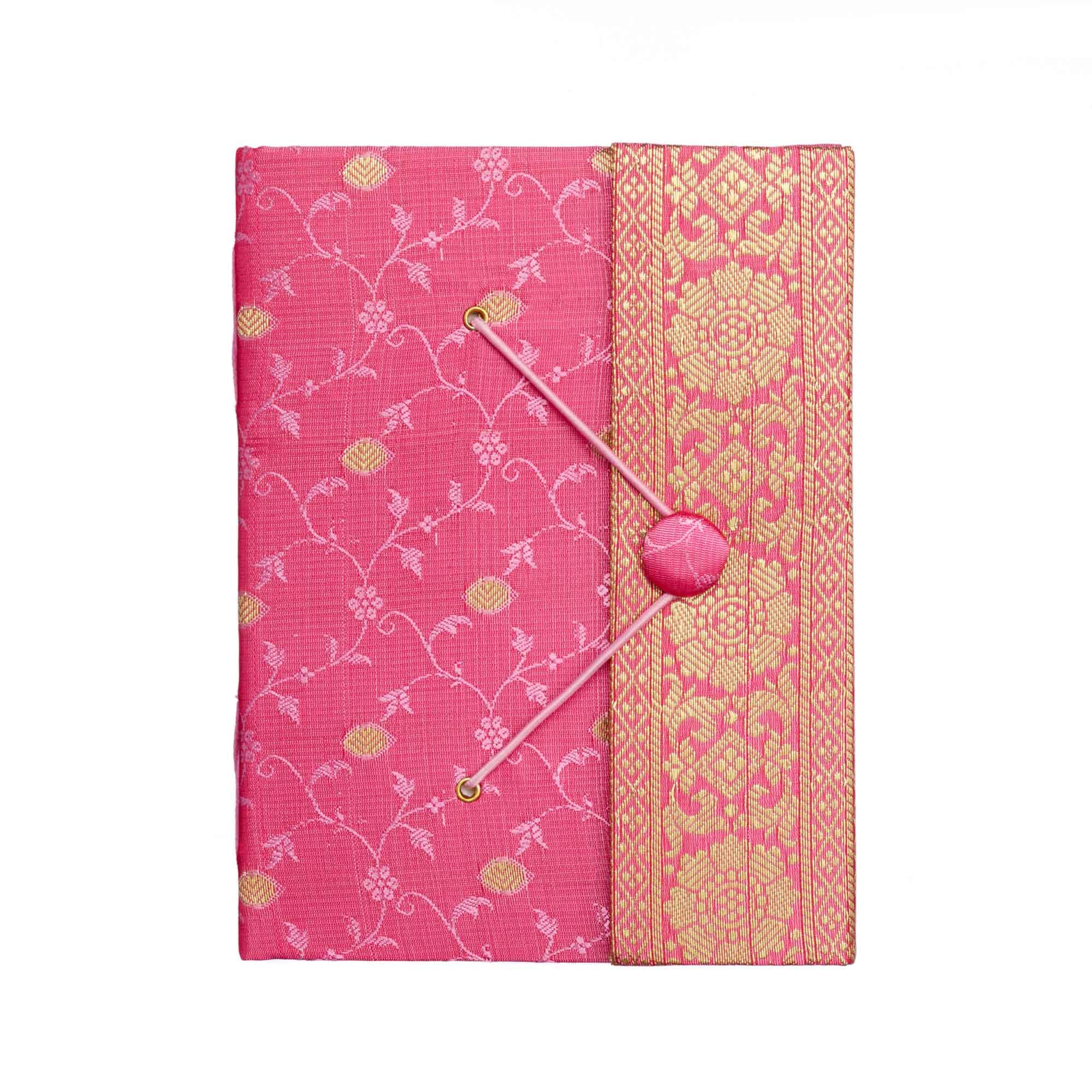 Sari Journal Large 14cm x 18.5cm - Pink - Unlined Recycled Paper - Elastic Closure - Notebook and Diary - Indian Stationery Gift - For Men Women Students - Sari Fabric