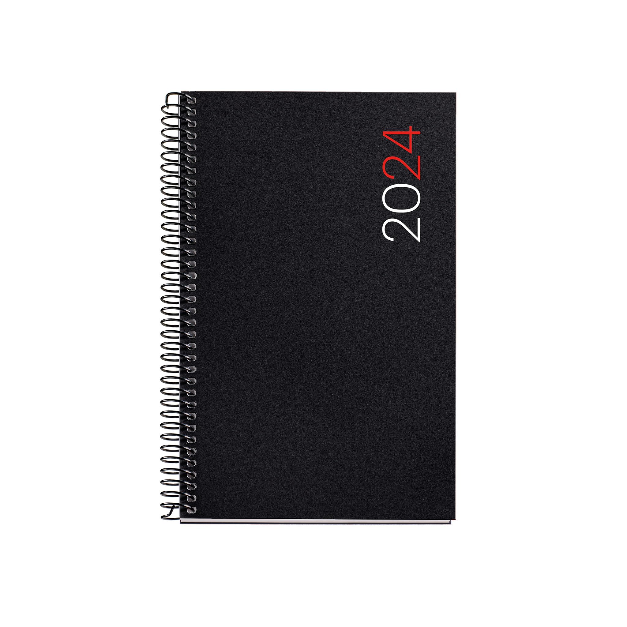 Miquelrius - Annual Planner 2024, Day Page, Active Size 117 x 182 mm, Polypropylene Flexible Cover, Spiral Binding, Spanish, English and Portuguese, Black