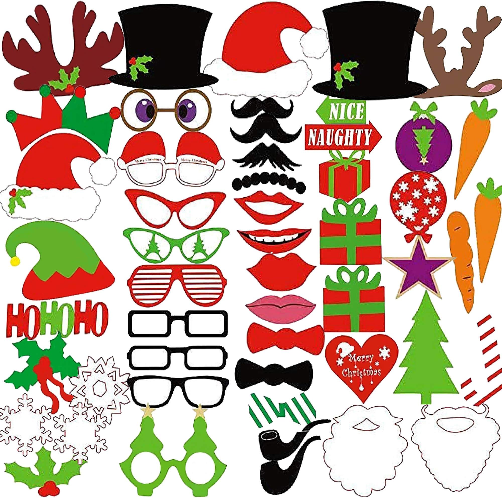 MMTX 50 Pieces Christmas Photo Booth Selfie Frame Props Santa Hat Mustache Masks Party Unisex Funny DIY Kit for Kids Adults Xmas Christmas Event Favours Party Wedding Decoration Supplies Accessories.