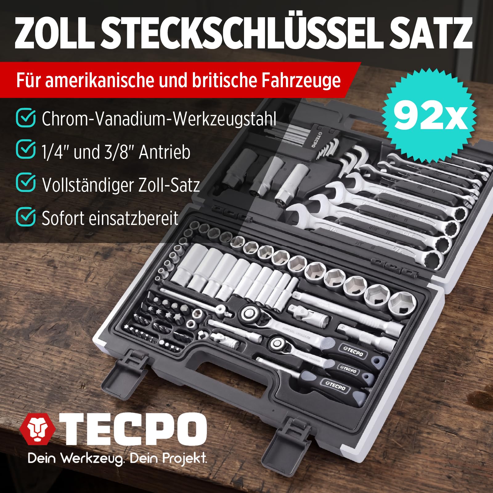 TECPO Zoll Steckschlüssel Satz 92-teilig Werkzeugkoffer mit Ringschlüssel und Maulschlüssel, Ratsche mit Nuss-Set Verlängerung Adapter, Innensechskant-Schlüssel, Ratschenkasten, Zöllig, Knarrenkasten 2