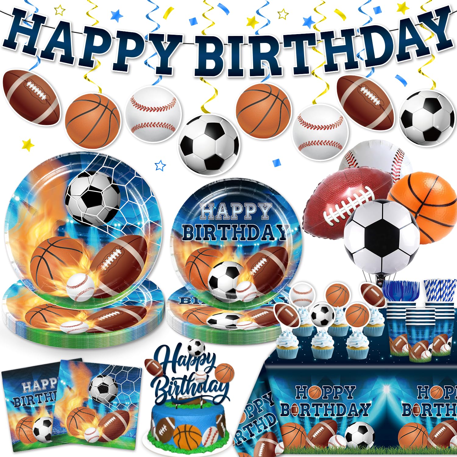 Photo 1 of 186Pcs Sports Birthday Party Decorations- Amp Up Your Sports Themed Party for 25 Guests. Includes Banner, Plates, Tablecloth, Cupcake Toppers and Aluminum Balloons for Boy Birthday Party Decorations