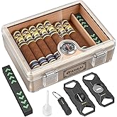 FANKAI Humidor Cigar Box, with Straight Cutter Guillotine, V cut, Puncher & Holder Tool, Glass top Cigars Case, Cedar Wood Lining, Humidifier Hygrometer Accessories, Cigar Gift Set