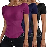 Riyiper 3 Pack Women Short Sleeve Ribbed Knit Slim Fitted T-Shirts Boat Neck Curved Hem Casual Tops Basic Tees Summer Trendy
