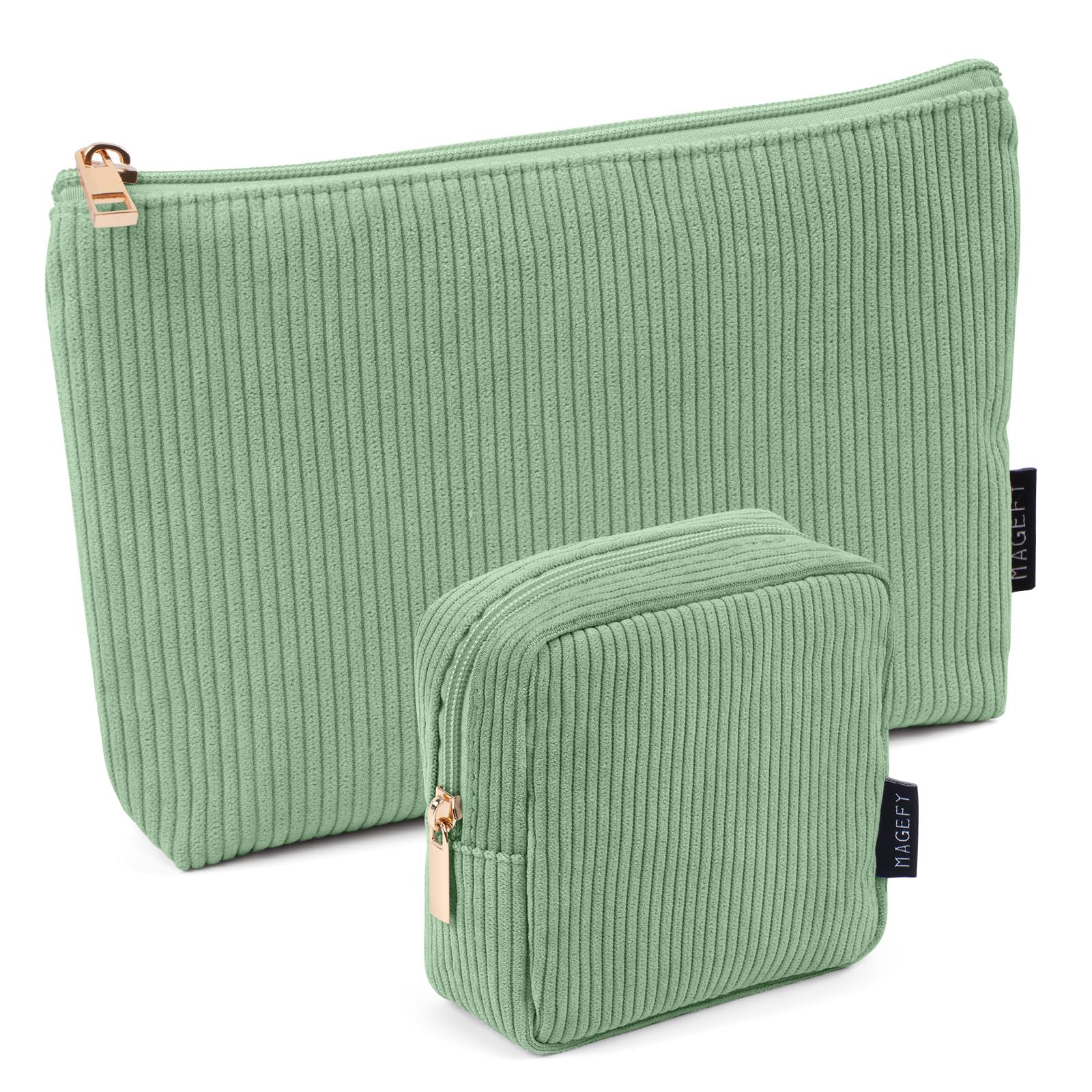 Makeup Bag MAGEFY 2Pcs Small Makeup Bag for Purse Travel Cosmetic Bag Corduroy Makeup Pouch Portable Versatile Zipper Make up Bag for Womem, Green