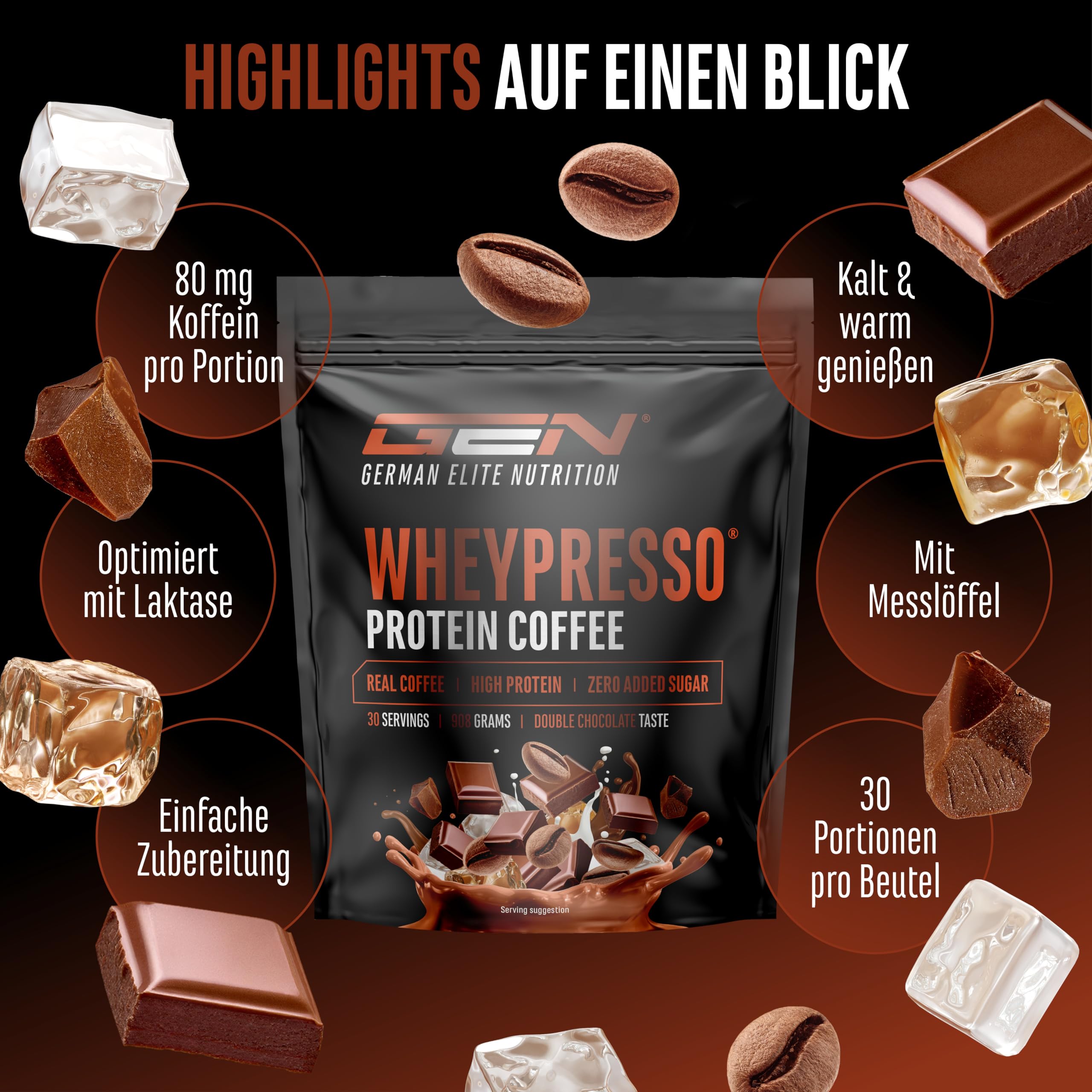 Wheypresso Protein Coffee - Eiweiß-Pulver mit Whey-Konzentrat & Isolat - Mit echtem Kaffee & Koffein - Cremiger High Protein Drink - (908 g, Double Chocolate Flavour) 3