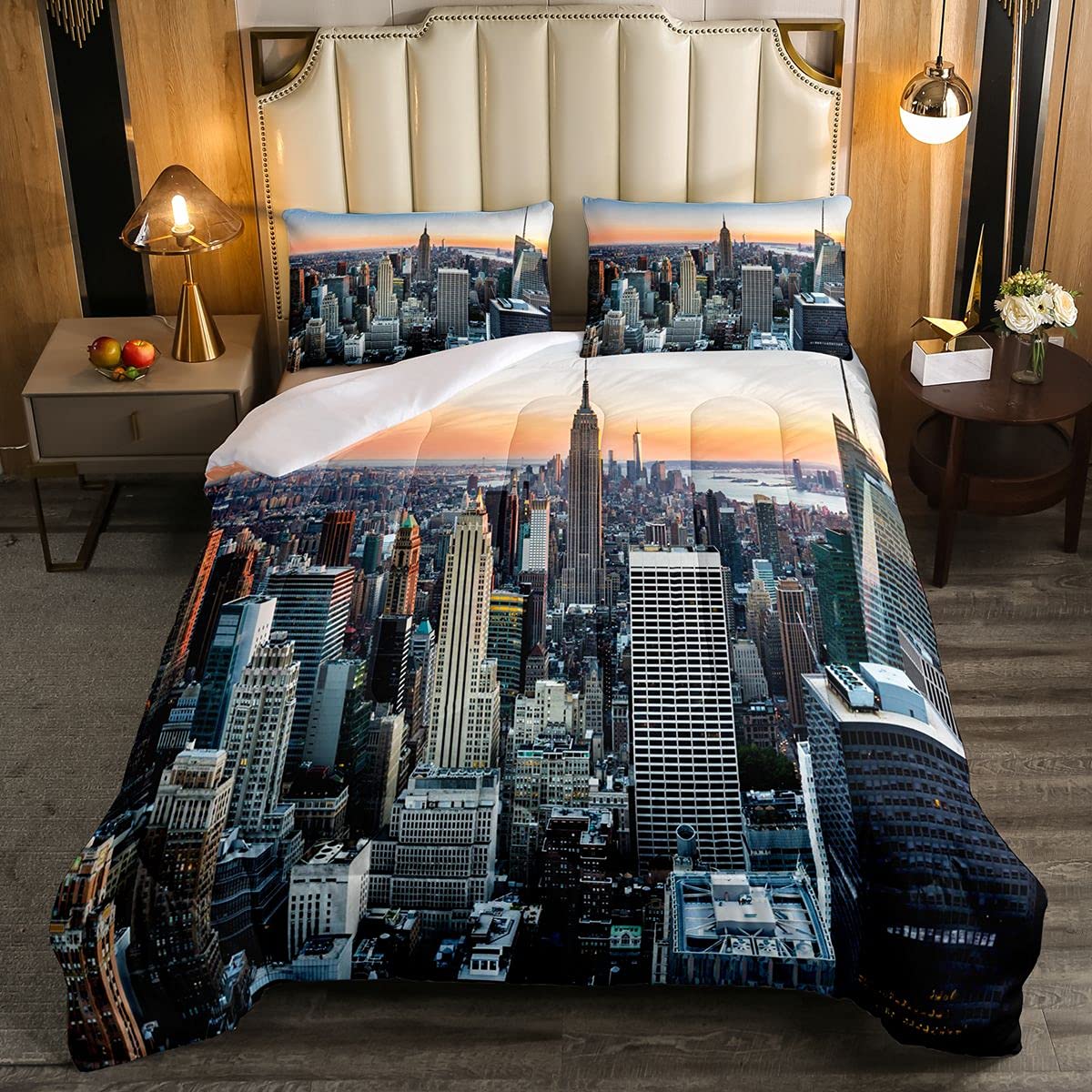 Loussiesd New York Soft Duvet New York City Manhattan Skyline Cityscape Bedding Set Contemporary Artistic Sunset Landscape 2Pcs Single Size