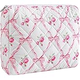 WHHJM Cute Floral Makeup Bag Large Cotton Quilted Cosmetic Bag, Aesthetic Essential Bag Toiletry Period Bag for Women Travel Accessories (Pink Bowknot Rose)