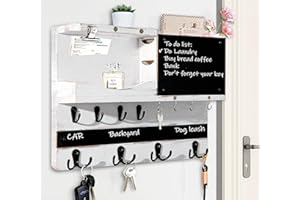 HEKOOLA Key Holder for Wall Mount, Farmhouse Mail and Key Holder for Wall Hanger with ‌Various‌ Hooks, Home Decor Rack with Chalkboard and Shelf (Pine Wood, White Washed)