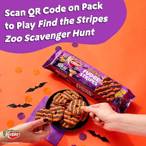 KEEBLER SPOOKIE FUDGE STRIPES, CHOCOLATEY VANILLA-FLAVORED COOKIES WITH ORANGE STRIPES, 9.5 OZ PACK