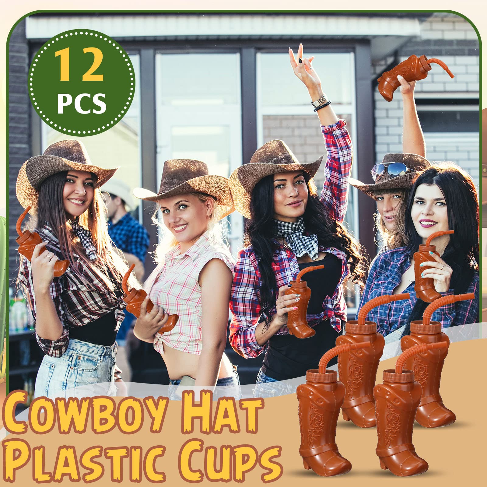 Hoolerry 12 Pcs 10 oz Plastic Cowboy Boot Cups with Straws and Lids Plastic Cowboy Cups for Western Themed Party Supplies and Rodeo Party Decorations (Brown)