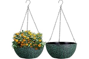 WSMKSZ 13inch Large Hanging Planters Pots for Outdoor Indoor Plants with Drainage Holes and Chain, 2pack Round Hanging Flower Pots for Garden Home Porch Decor, Black with Green Speckles