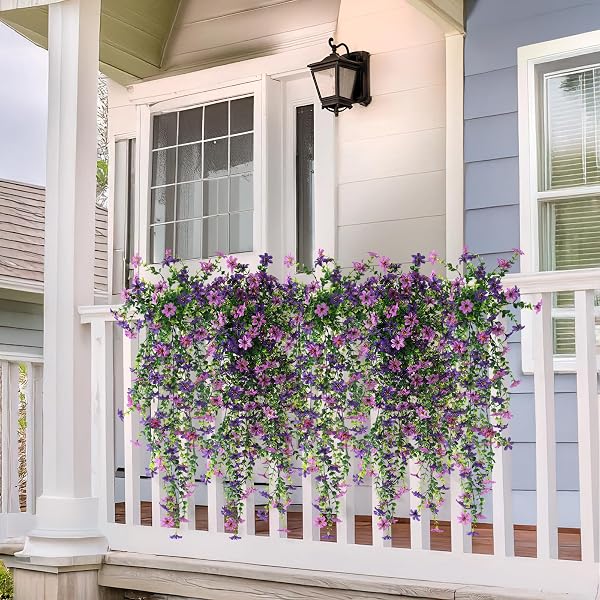 ARTIFICIAL HANGING FLOWERS FOR OUTDOORS, 2 PCS FAKE HANGING PLANT SPRING SUMMER DECOR, UV RESISTANT NO FADE REALISTIC FAUX FLOWER FOR FRONT DOOR PORCH PLANTER PATIO GARDEN YARD(DOUBLE PURPLE)