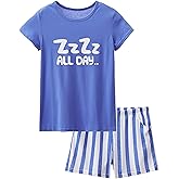 Jashe Summer Pajamas for Girls – Stripe White PJS Pal Cute Jammies Set Big Girl Size 8,Blue (zzzz)