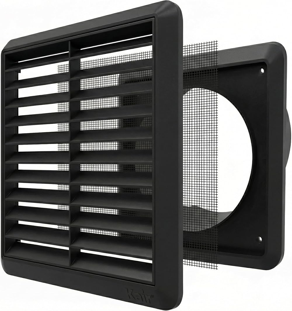 Kair Black 150mm Louvred Wall Vent Grille with Flyscreen 183mm Cover